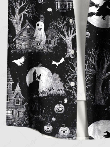 Gothic Plus Size Halloween Pumpkin Ghost Moon Tree Bat Print Buttons Pocket Shirt For Men