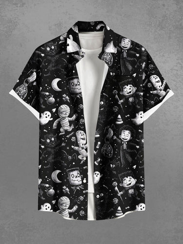 Gothic Plus Size Halloween Ghost Moon Mummy Print Buttons Pocket Shirt For Men