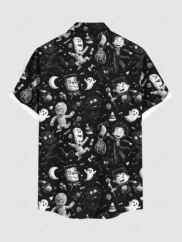 Gothic Plus Size Halloween Ghost Moon Mummy Print Buttons Pocket Shirt For Men