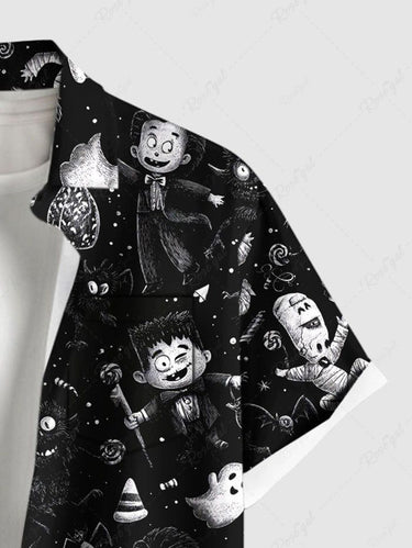 Gothic Plus Size Halloween Ghost Moon Mummy Print Buttons Pocket Shirt For Men