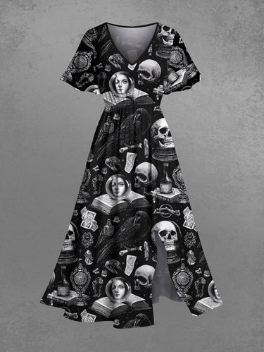 Gothic Plus Size Skulls Books Dollar Print Split Midi Dress