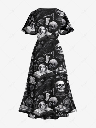 Gothic Plus Size Skulls Books Dollar Print Split Midi Dress