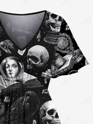 Gothic Plus Size Skulls Books Dollar Print Split Midi Dress