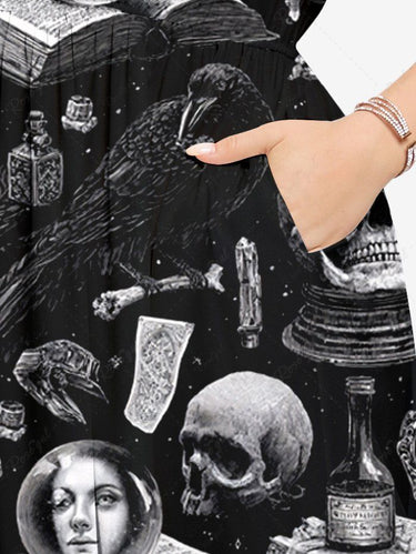 Gothic Plus Size Skulls Books Dollar Print Split Midi Dress