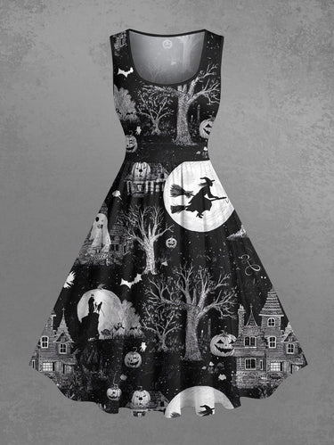 Gothic Plus Size Halloween Pumpkin Ghost Moon Tree Bat Print 1950s Vintage Dress