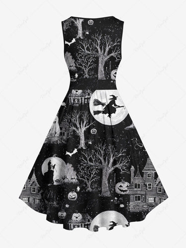 Gothic Plus Size Halloween Pumpkin Ghost Moon Tree Bat Print 1950s Vintage Dress