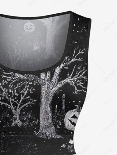 Gothic Plus Size Halloween Pumpkin Ghost Moon Tree Bat Print 1950s Vintage Dress
