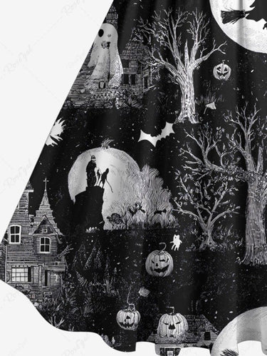 Gothic Plus Size Halloween Pumpkin Ghost Moon Tree Bat Print 1950s Vintage Dress