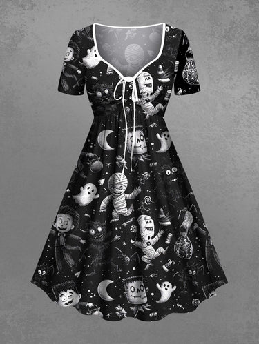 Gothic Plus Size Halloween Ghost Moon Mummy Print Cinched Dress