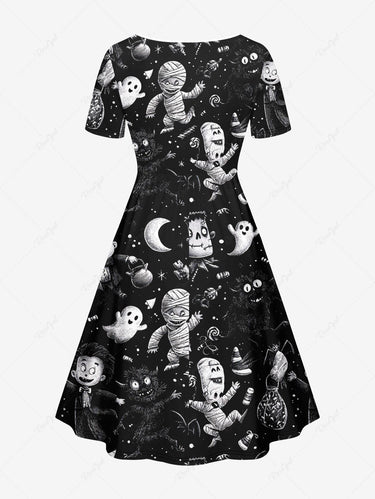 Gothic Plus Size Halloween Ghost Moon Mummy Print Cinched Dress