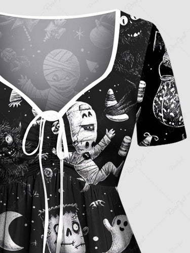Gothic Plus Size Halloween Ghost Moon Mummy Print Cinched Dress