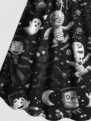 Gothic Plus Size Halloween Ghost Moon Mummy Print Cinched Dress