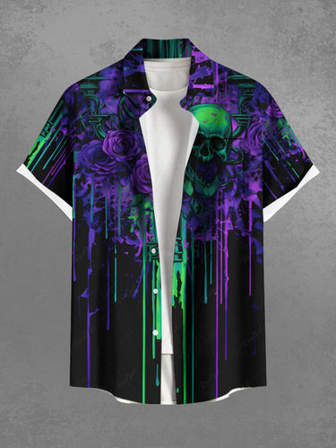 Gothic Plus Size Skulls Rose Flowers Paint Drops Print Buttons Pocket Shirt For Men