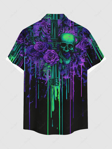 Gothic Plus Size Skulls Rose Flowers Paint Drops Print Buttons Pocket Shirt For Men