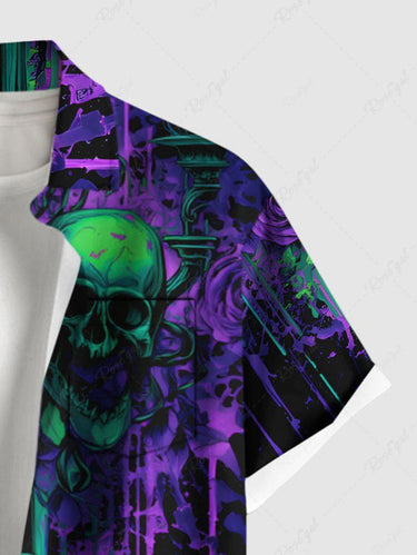 Gothic Plus Size Skulls Rose Flowers Paint Drops Print Buttons Pocket Shirt For Men