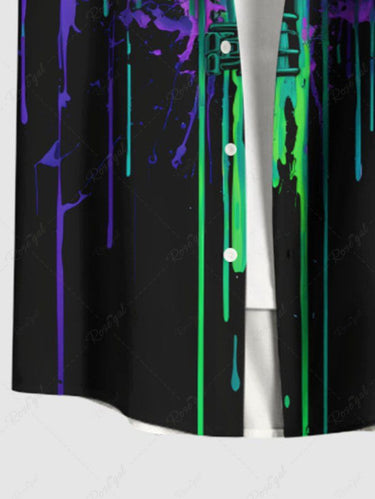 Gothic Plus Size Skulls Rose Flowers Paint Drops Print Buttons Pocket Shirt For Men