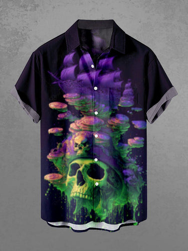 Gothic Plus Size Skulls Coin Boat Paint Drop Print Buttons Pocket Shirt For Men