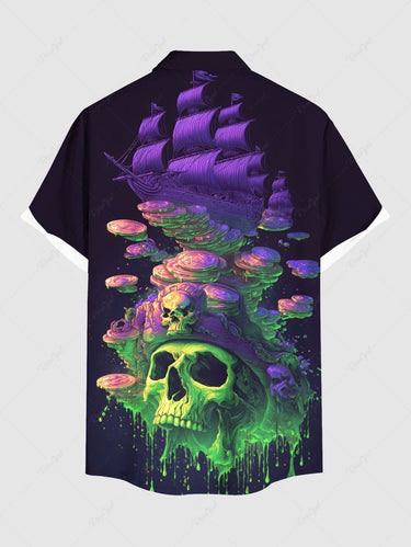 Gothic Plus Size Skulls Coin Boat Paint Drop Print Buttons Pocket Shirt For Men