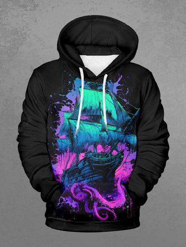 Gothic Plus Size Octopus Ship Paint Splatter Print Drawstring Pockets Hoodie For Men
