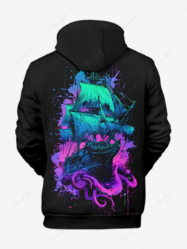 Gothic Plus Size Octopus Ship Paint Splatter Print Drawstring Pockets Hoodie For Men