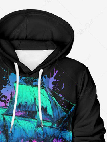 Gothic Plus Size Octopus Ship Paint Splatter Print Drawstring Pockets Hoodie For Men