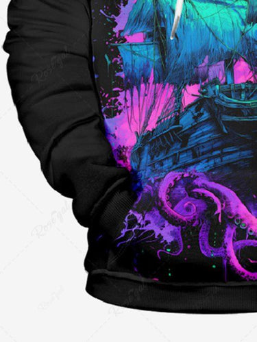 Gothic Plus Size Octopus Ship Paint Splatter Print Drawstring Pockets Hoodie For Men