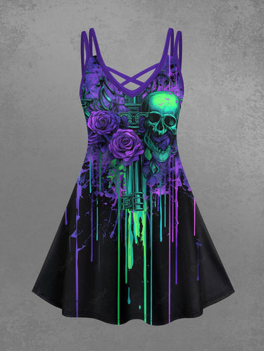 Gothic Plus Size Skulls Rose Flowers Paint Drops Print Crisscross Cami Dress