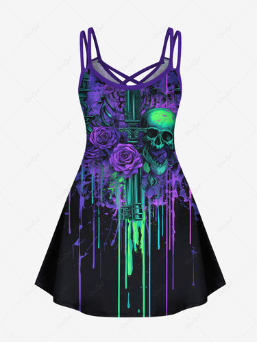 Gothic Plus Size Skulls Rose Flowers Paint Drops Print Crisscross Cami Dress