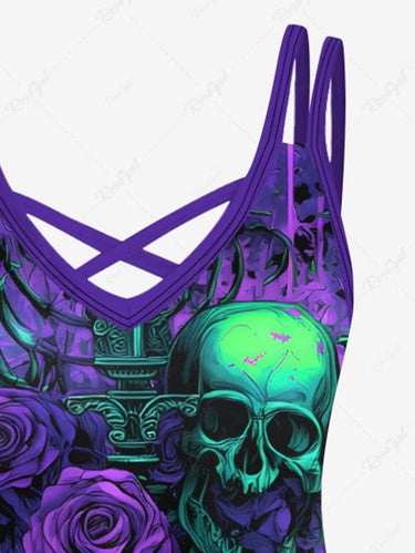 Gothic Plus Size Skulls Rose Flowers Paint Drops Print Crisscross Cami Dress