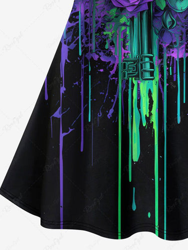 Gothic Plus Size Skulls Rose Flowers Paint Drops Print Crisscross Cami Dress