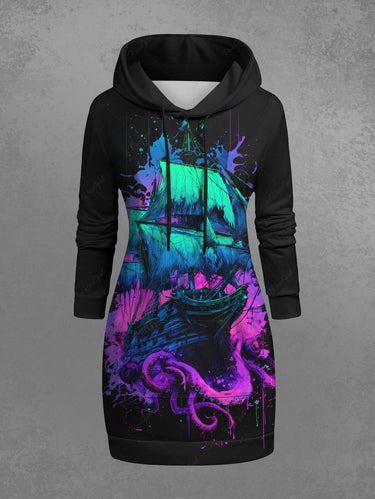 Gothic Plus Size Octopus Ship Paint Splatter Print Drawstring Pockets Hoodie