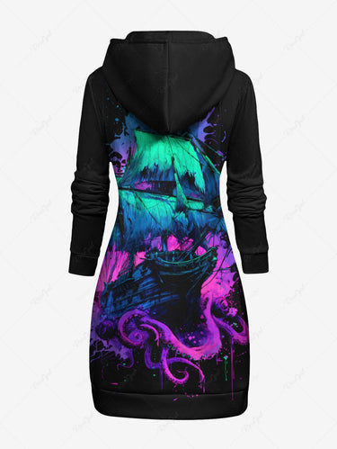 Gothic Plus Size Octopus Ship Paint Splatter Print Drawstring Pockets Hoodie