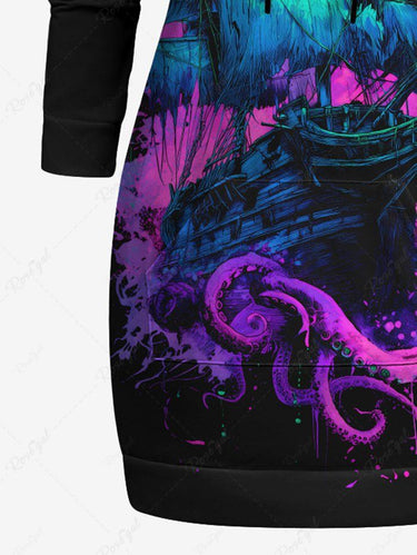 Gothic Plus Size Octopus Ship Paint Splatter Print Drawstring Pockets Hoodie