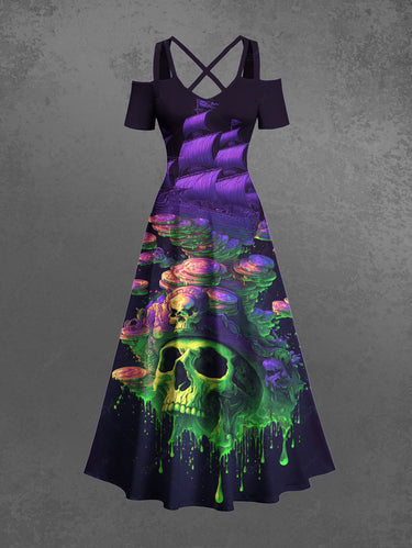 Gothic Plus Size Skulls Coin Boat Paint Drop Print Cold Shoulder Crisscross Maxi Dress