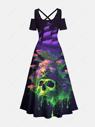 Gothic Plus Size Skulls Coin Boat Paint Drop Print Cold Shoulder Crisscross Maxi Dress