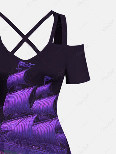 Gothic Plus Size Skulls Coin Boat Paint Drop Print Cold Shoulder Crisscross Maxi Dress