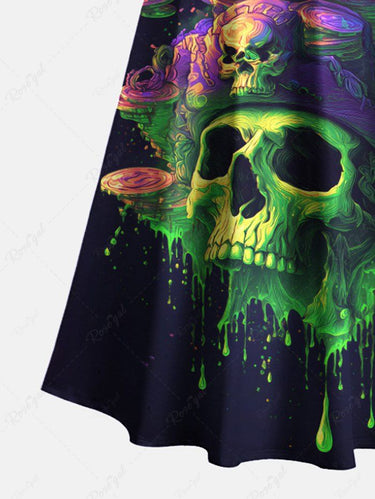 Gothic Plus Size Skulls Coin Boat Paint Drop Print Cold Shoulder Crisscross Maxi Dress