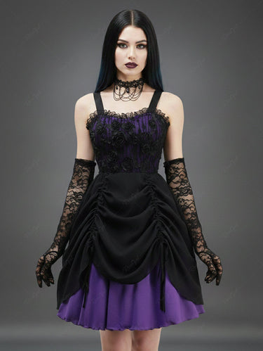 Gothic Rose Flower Lace Panel Chiffon Textured Cinched A Line Tank Dress