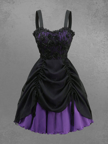 Gothic Rose Flower Lace Panel Chiffon Textured Cinched A Line Tank Dress