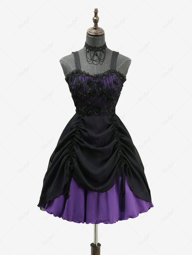 Gothic Rose Flower Lace Panel Chiffon Textured Cinched A Line Tank Dress