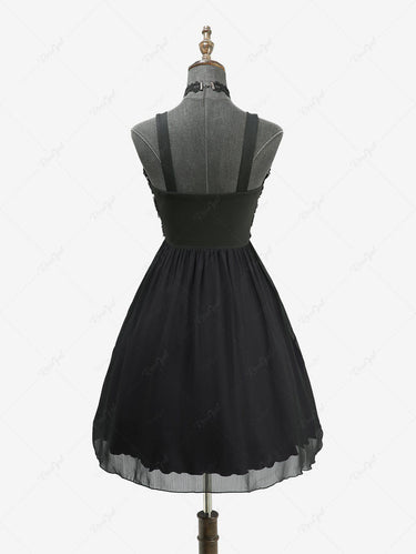 Gothic Rose Flower Lace Panel Chiffon Textured Cinched A Line Tank Dress