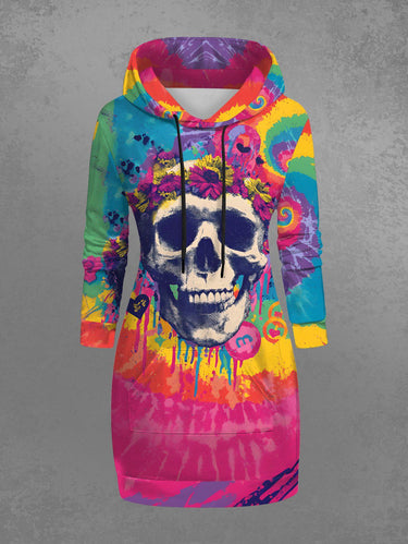 Gothic Plus Size Skull Flowers Spiral Dye Print Pockets Drawstring Hoodie