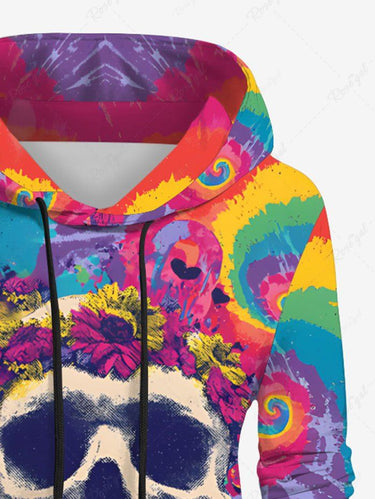 Gothic Plus Size Skull Flowers Spiral Dye Print Pockets Drawstring Hoodie