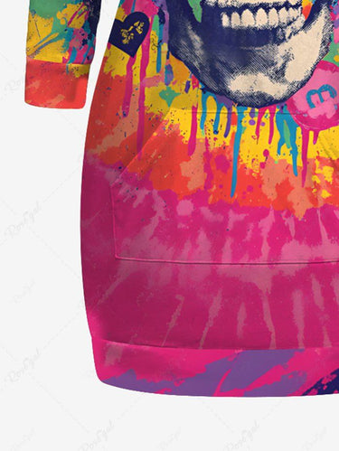 Gothic Plus Size Skull Flowers Spiral Dye Print Pockets Drawstring Hoodie
