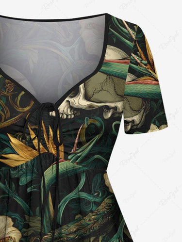 Gothic Plus Size Skulls Flowers Leaf Print Cinched Dress