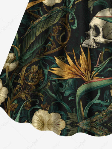 Gothic Plus Size Skulls Flowers Leaf Print Cinched Dress