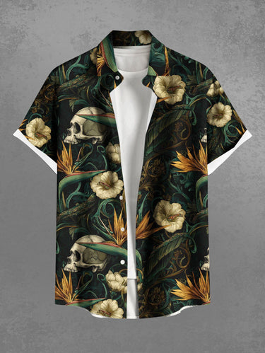 Gothic Plus Size Skulls Flowers Leaf Print Buttons Pocket Shirt For Men