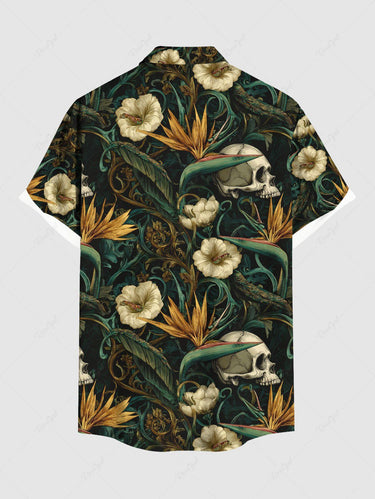 Gothic Plus Size Skulls Flowers Leaf Print Buttons Pocket Shirt For Men