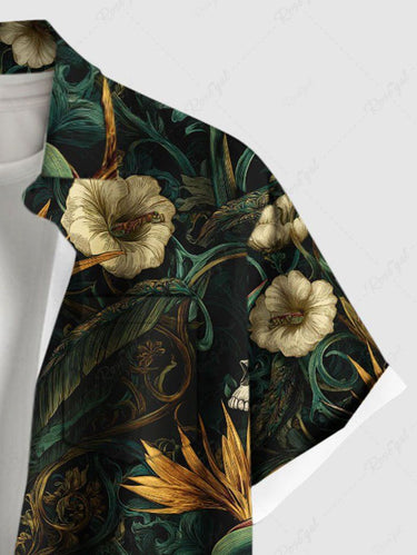 Gothic Plus Size Skulls Flowers Leaf Print Buttons Pocket Shirt For Men