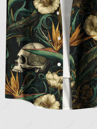 Gothic Plus Size Skulls Flowers Leaf Print Buttons Pocket Shirt For Men